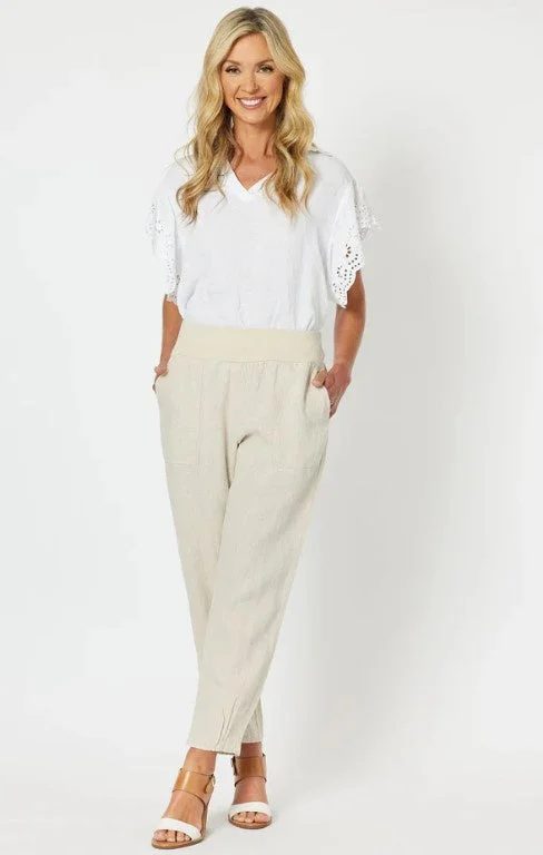 Ribbed waist linen pants natural