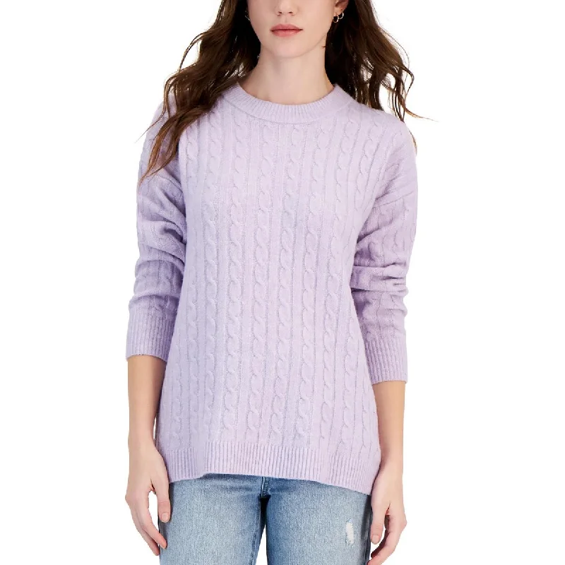 Juniors Womens Cable Knit Ribbed Crewneck Sweater