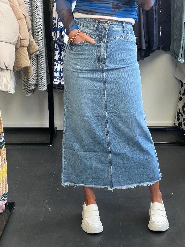 High Waist Vintage Wash Denim Maxi Skirt