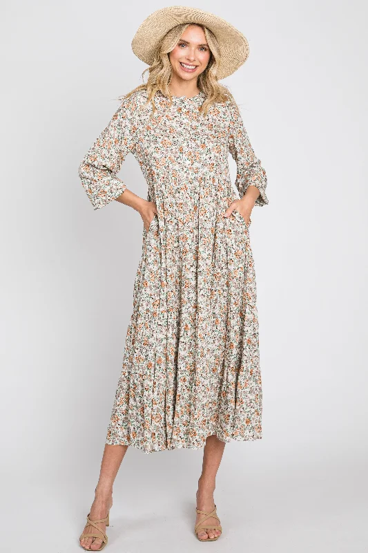 Beige Floral Button Front Long Sleeve Tiered Midi Dress