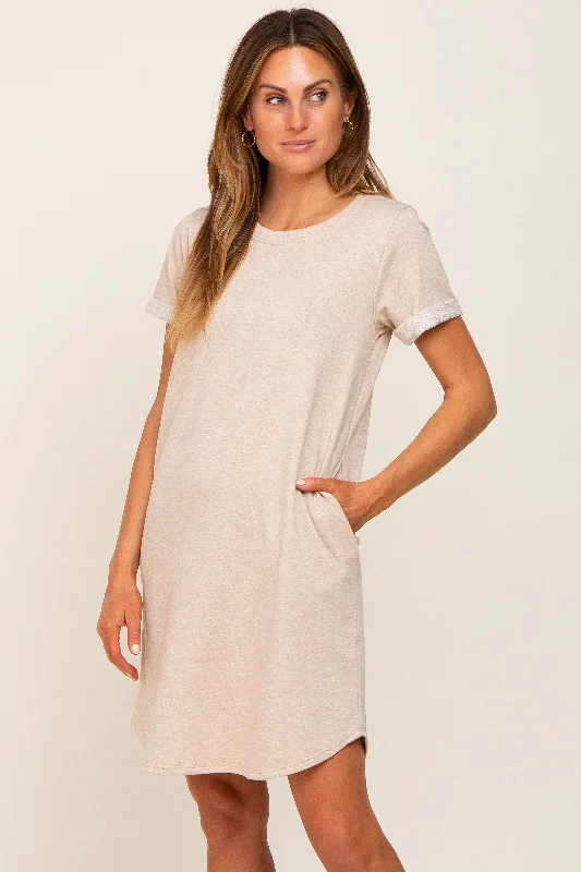 Beige French Terry Cuffed Short Sleeve Dress