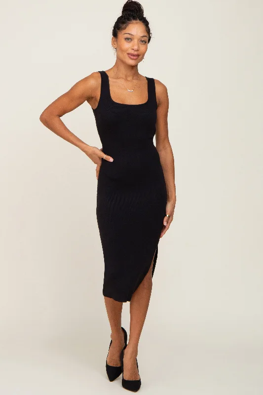 Black Knit Fitted Midi Dress