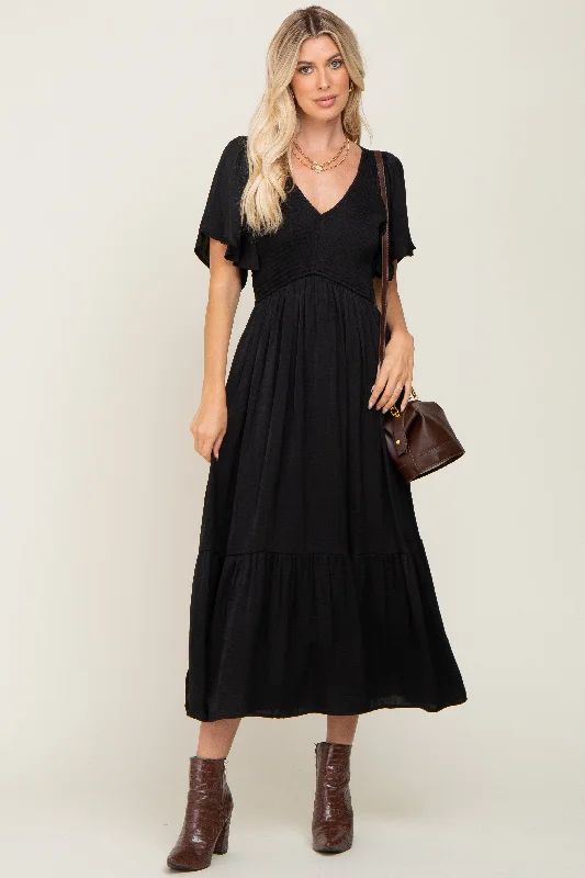 Black Satin Smocked Midi Dress