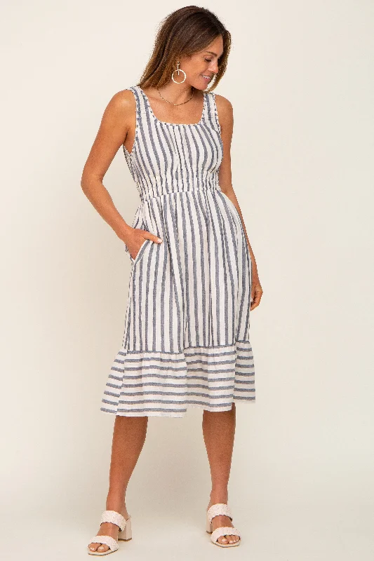 Blue Striped Sleeveless Ruffle Hem Midi Dress