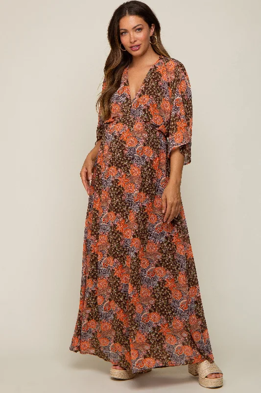 Brown Floral Paisley Chiffon Maternity Maxi Dress