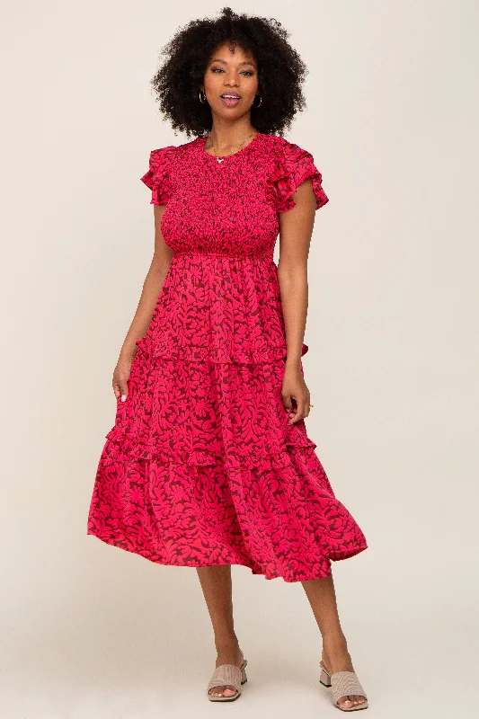 Fuchsia Print Smocked Ruffle Tiered Midi Dress