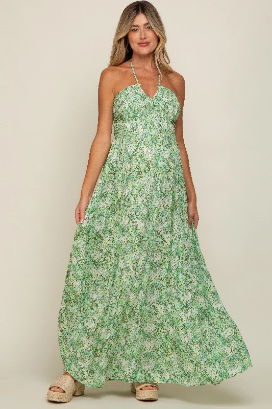 Green Floral Halter Neck Maternity Maxi Dress