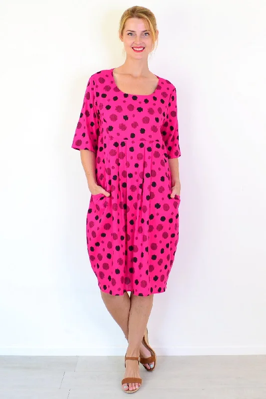 Hot Pink Dots Linen Blend Tunic Dress