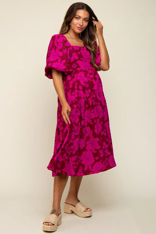 Magenta Floral Puff Sleeve Tiered Maternity Dress