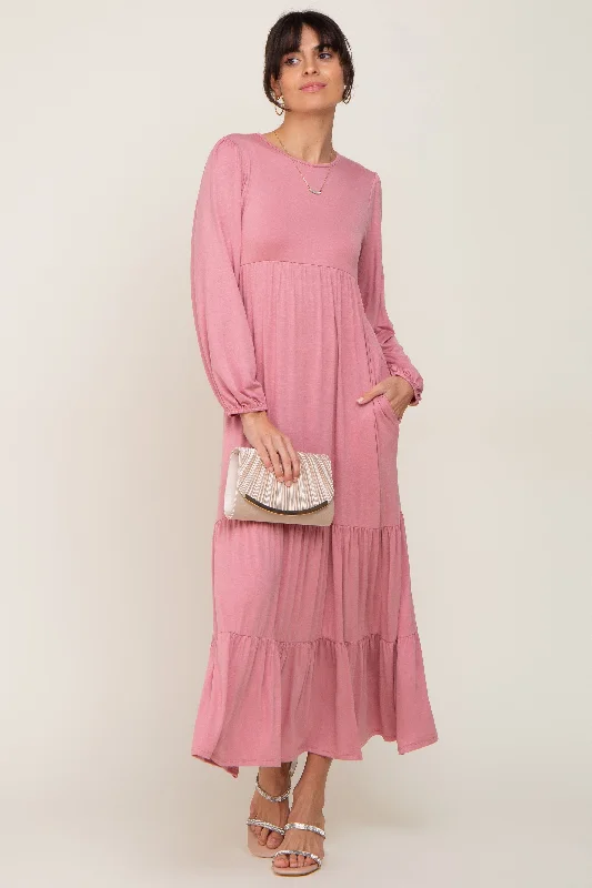 Mauve Long Sleeve Tiered Maxi Dress