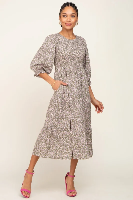 Olive Floral Smocked 3/4 Sleeve Midi Dress