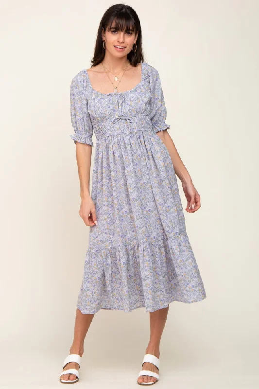 Periwinkle Floral Square Neck Front Tie Midi Dress