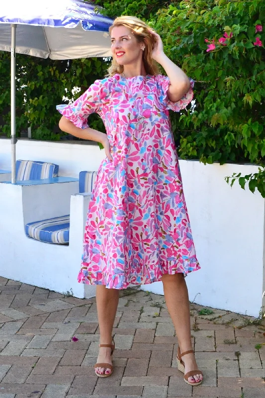 Pink Blue Leaves Print Summer Dress