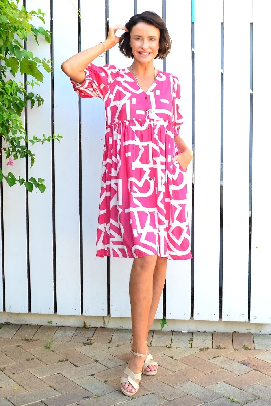 Pink White Front Button Up Tunic Dress