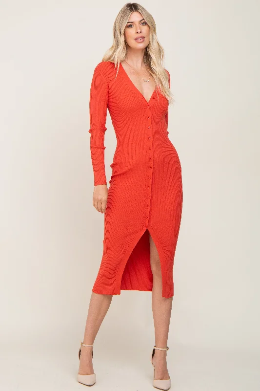 Rust Ribbed Button Front Long Sleeve Dress