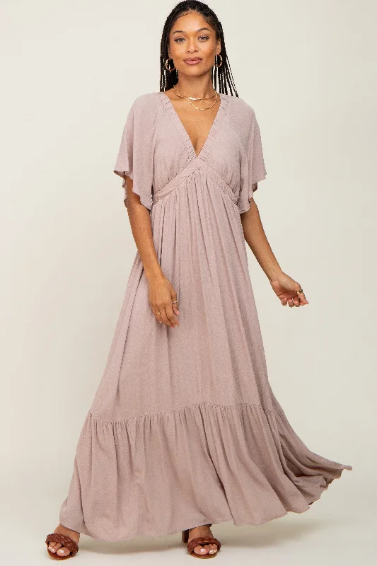 Taupe V-Neck Flounce Sleeve Maxi Dress