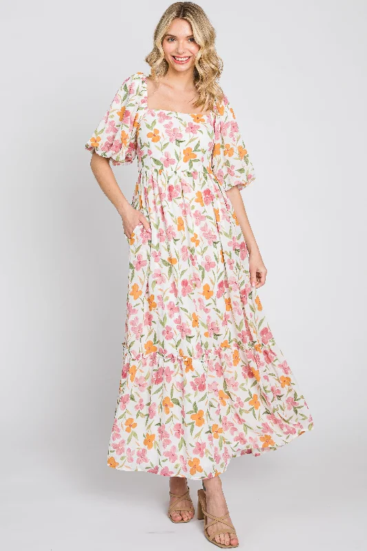 White Floral Puff Sleeve Maxi Dress