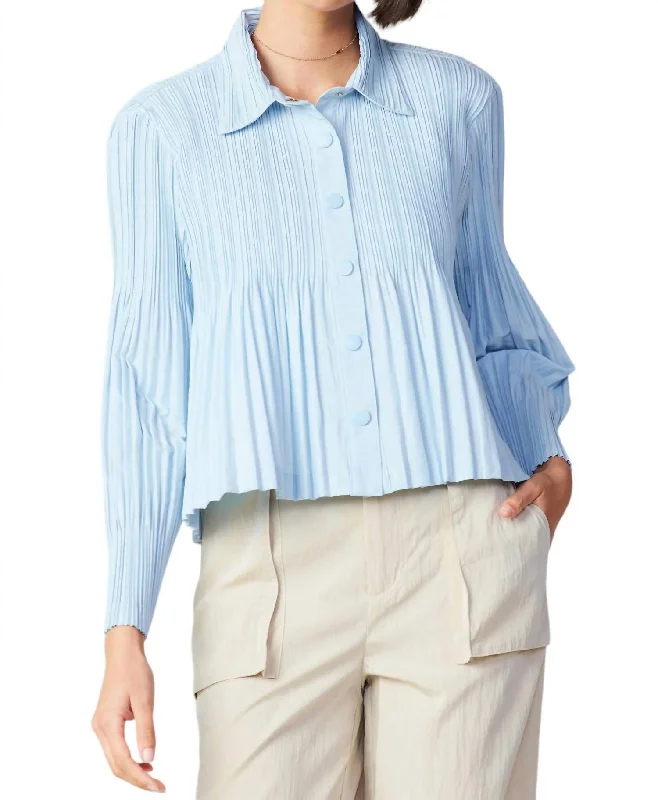 Button Down Cropped Pleated Jacket In Pastel Blue