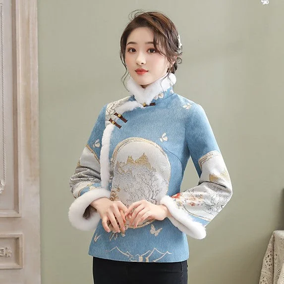 High Collar Fancy Cotton Fur Edge Women's Chinese Style Jacket Wadded Coat