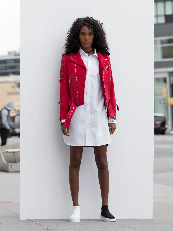 Red Suede Biker Jacket with Detachable Black Shearling Collar