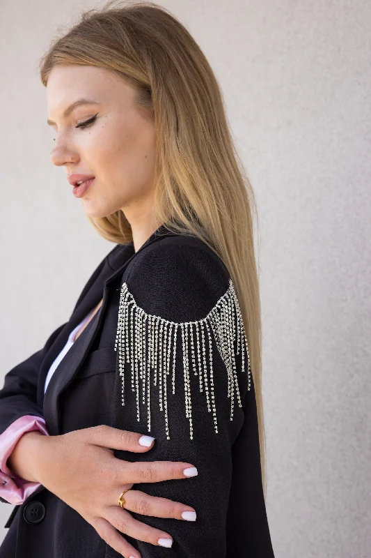 Blazer, Black w/ Pink Lining, Shoulder Fringe