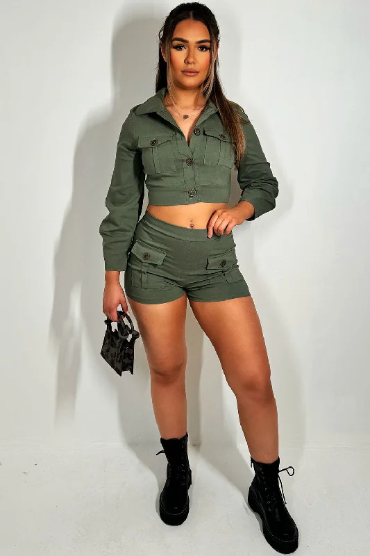 Cargo Shorts And Crop Top Set Khaki