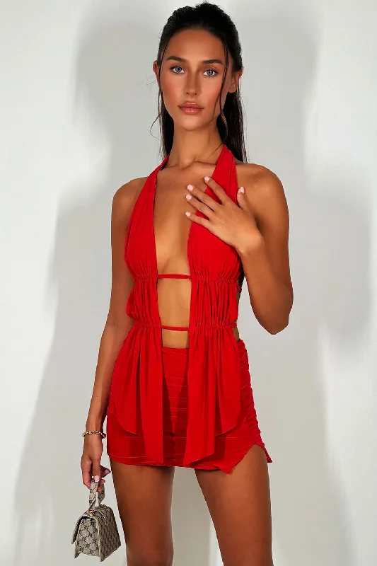 Halter Neck Cut Out Ruched Top And Skirt Co Ord Set Red