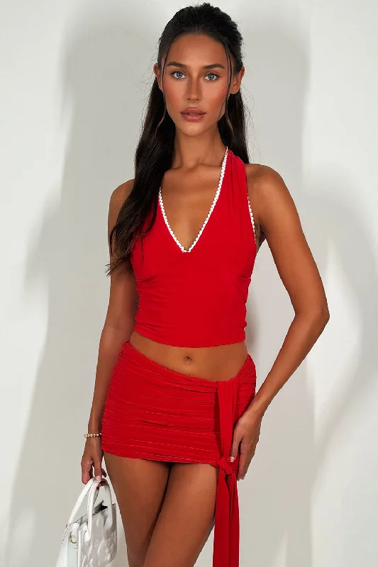 Halter Neck Top With Crochet Trim And Mini Skirt Co Ord Red